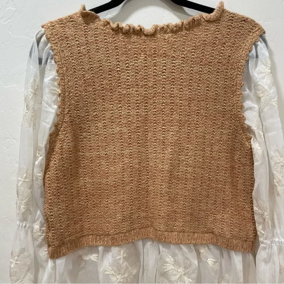 Anthropologie Layered Sweater Vest Blouse Tan White Sheer Floral Women's Medium - Picture 11 of 16